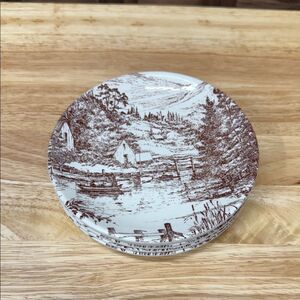 Vintage Ironstone Transferware Scenic Brown and White Plates